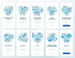 conjunto de pantalla de aplicación móvil de incorporación azul en el lugar de trabajo en línea vector