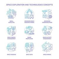 conjunto de iconos de concepto de gradiente azul de exploración espacial y tecnología vector