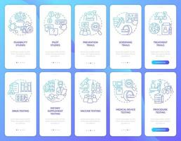 Clinical trials blue gradient onboarding mobile app screen set vector