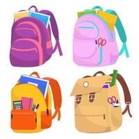 Set of four Colored school backpack. Backpacks with study supplies - pens, rulers, brushes, markers, etc. Education and study, back to school. Vector illustration.