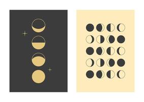 Boho wall art posters with moon phases. Minimal trendy style. Pastel colors. Design for wallpaper, wall decor, print, background, card, social media. Vector illustration.