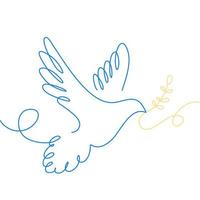 Dove of peace. Concept of peace for Ukraine. Line art dove and branch in colors of Ukrainian flag blue and yellow. Vector illustration