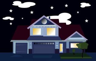 Country House on Grass at Night With Stars and Clouds vector