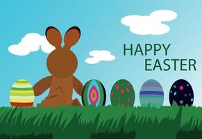 Easter Bunny Sitting on the Grass With Colored Eggs vector