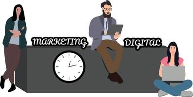 grupo de personas que trabajan en pc en marketing digital y consultoría seo vector