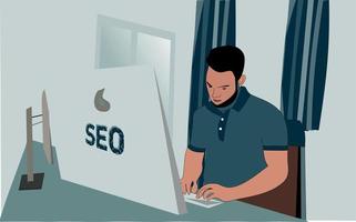 consultor seo trabajando en su computadora sentado en su escritorio vector