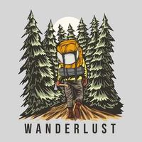 Wanderlust backpack in the forest camp illustration