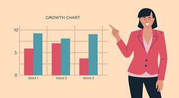 People. Woman pointing gesture, emotions on her face. Presentation, infographics. Vector image.