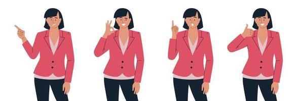 People. Woman in a jacket with different emotions and gestures. Presentation. Set of vector images.
