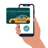 Taxi. The hand holds the phone. Card with the image of a taxi car. Concept. Vector image.