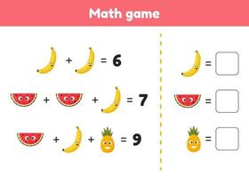 Math game for preschool and school age children. Count and insert the correct numbers. Addition. Fruits. vector