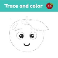 Coloring book with cute fruit apple. For kids kindergarten, preschool and school age. Trace worksheet. Development of fine motor skills and handwriting. vector