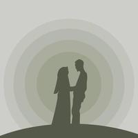 Vector of the silhouette of a couple standing on the hill against moonlight in the night sky.