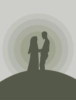 Vector of the silhouette of a couple standing on the hill against moonlight in the night sky.