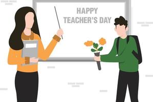 The student is giving flowers to teacher on teachers day. vector