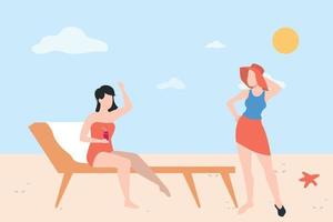 The girl is sitting on deck chair and enjoying on beach. vector