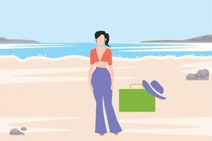 The girl is on a beach for vacation. vector