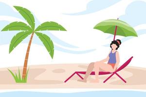 The girl is sitting on deck chair and enjoying on beach. vector