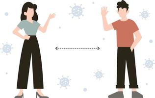 The boy and girl waving at each other from a distance because of pandemic situation. vector