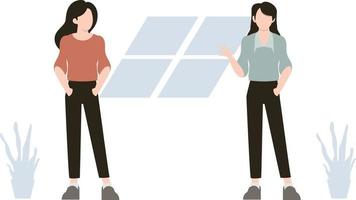 The two girls talking to each other on a safe distance. vector
