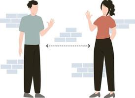 The girl and boy waving at each other by maintaining social distancing. vector