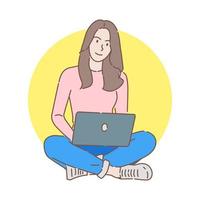 beautiful smiling young woman studying with notebook while sitting in lotus pose vector