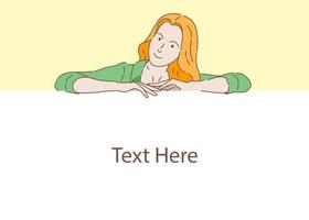 beautiful young woman sitting on blank copy space, hand drawn style with thin outlines, flat illustration vector