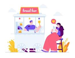 Local Store concept vector Illustration idea for landing page template, Small business with bread storefront, open place with happy customer, shop front view, retail owner, Hand drawn Flat Style