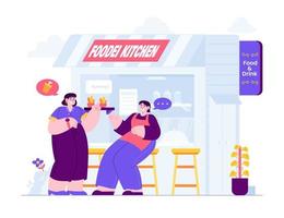 Local Store concept vector Illustration idea for landing page template, Small business with food storefront, open place with happy customer, shop front view, retail owner, Hand drawn Flat Style