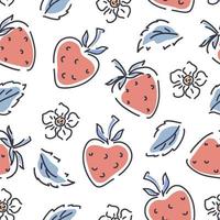 Strawberries, flowers and leaves on a white background seamless pattern. Cute pattern for children's clothing. Vector background.