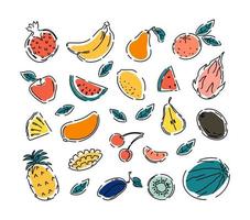 Natural tropical fruits lemon, orange, apples, pineapples doodle. Vegetarian food. A set of vector isolated icons illustrations