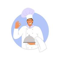 smiling chef in a uniform with a silver plate in his hand, making an OK gesture. Flat. Vector illustration.