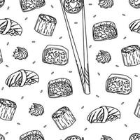 sushi, wasabi y palillos de patrones sin fisuras. fondo de vector de contorno.