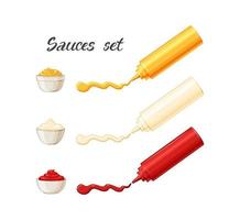 Ketchup, mayonnaise, mustard are squeezed out of plastic bottles. Set on a white background. Cartoon. Vector illustration