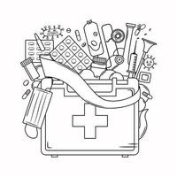 Medicine coloring book for adults. First aid kit, mask, bandage, syringe, virus in the outline style. Vector illustration.