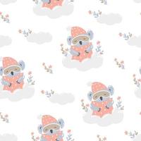 Cute koala in a mask for sleeping on a cloud. Seamless pattern in the Scandinavian style. vector