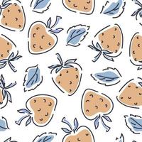 Strawberry seamless pattern on a white background. Hand-drawn background with leaves and spots. Vector illustration.