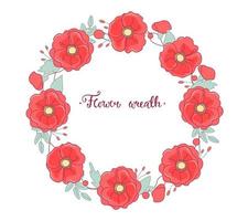 Round flower wreath with poppies and leaves on a white background. Vector illustration for greeting cards, posters, invitations, art prints, baby shower, wedding.