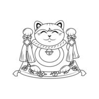 Fat Japanese cat maneki neko outline. A symbol of good luck and wealth. Vector illustration.