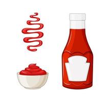 Ketchup in a bottle, a stain, sauce in a bowl set on a white isolated background. Vector illustration in the cartoon style.