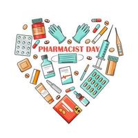 Pharmacist Day is a holiday on September 25. The drugs are arranged in the form of a heart. Vector illustration on a white background in the cartoon style.