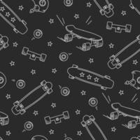 Skateboard and longboards are a seamless pattern. A white outline on a dark background. Print on clothes. Vector illustration