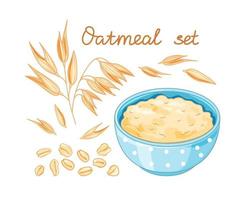 Oat meal set. Cartoon style for healthy food design. Bowl, oatmeal ear and flake.  Vector illustration isolated on white background