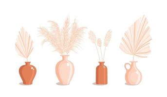 Vases with dry grass and palm leaves. Dried floral ornament elements in boho style. New trendy home decor. Vector flat illustration isolated on white background