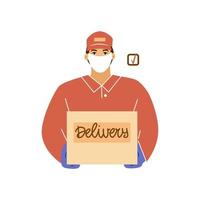 delivery man in a uniform and a protective mask, wearing gloves. He holds a box in his hands. Delivery during quarantine. Vector illustration.