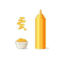 Mustard. Hot american mustard sauce bottle, bowl, spoon, splash. Set on a white background. Vector illustration