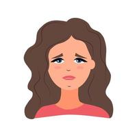 sad young woman in a flat style. Avatar is a frustrated brunette girl. Vector illustration.
