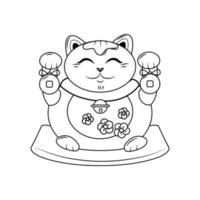 Fat smiling Japanese cat Maneki neko with bells is sitting on a pillow. A symbol of good luck and wealth. Contour illustration. Coloring book. Vector. vector