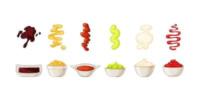 cuencos con salsas con ketchup, mayonesa, wasabi, conjunto de salsa de soja. un chorrito de salsa. ilustración vectorial en estilo de dibujos animados. vector
