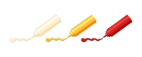 Set of plastic bottles with sauces. Mayonnaise, ketchup and mustard are squeezed out of bottles. Vector illustration